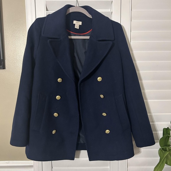 J Crew Pea Coat Womens 2 Navy Wool Blend Double Breasted Gold Buttons Short - Picture 2 of 8